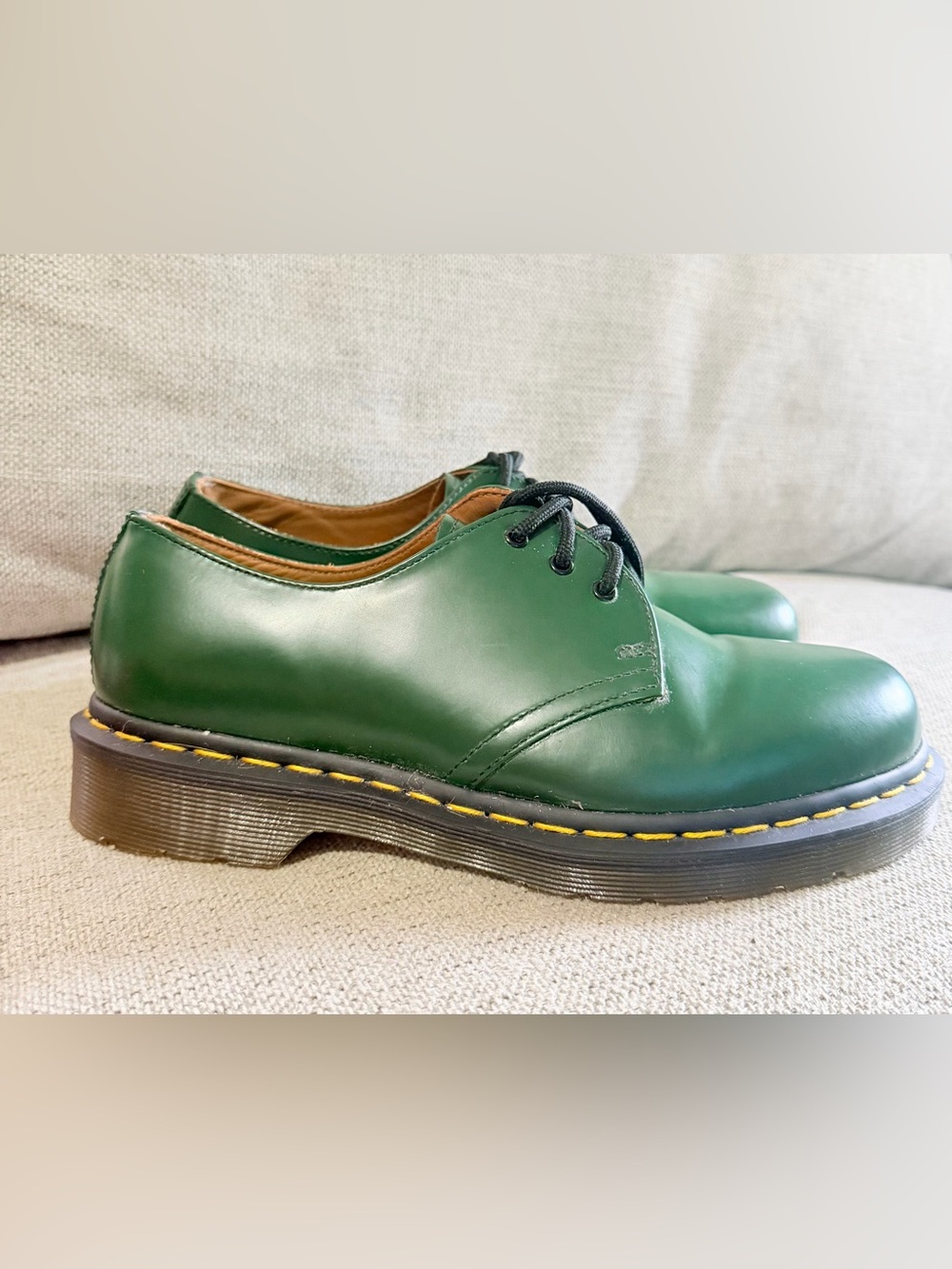 Dr. Martens Green Leather 3-Eye Derby with Yellow Welt Stitching 7M/8W